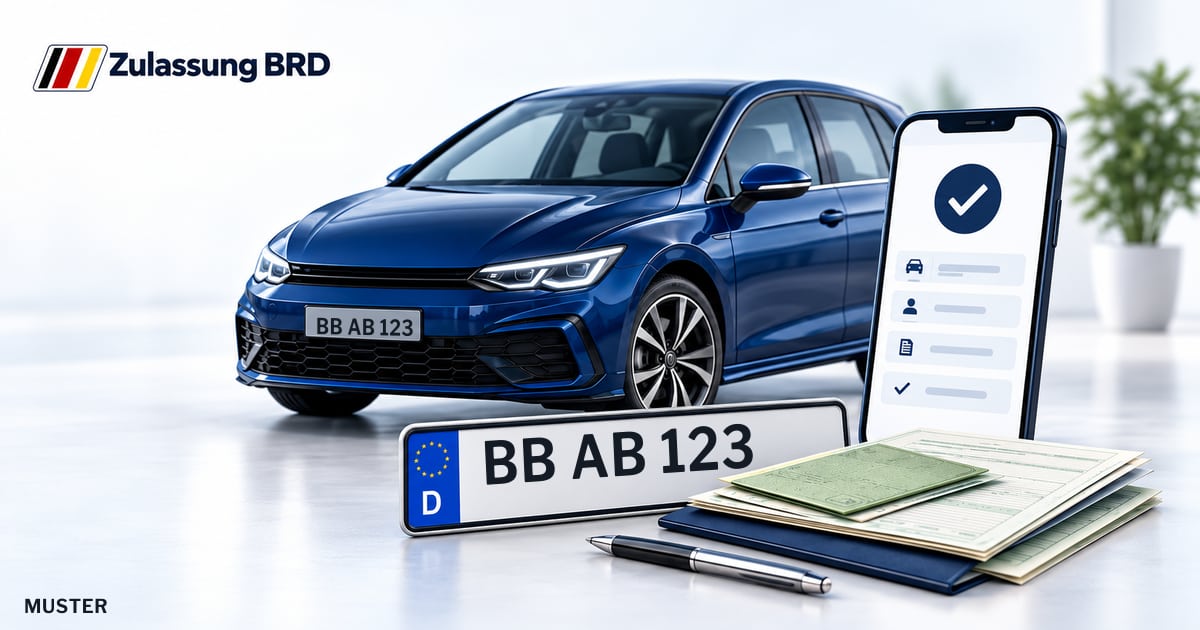 Online Fahrzeugzulassung in Sindelfingen: Musterkennzeichen BB AB 123, Auto und Fahrzeugpapiere und Smartphone. Illustration mit Logo von Zulassung BRD.